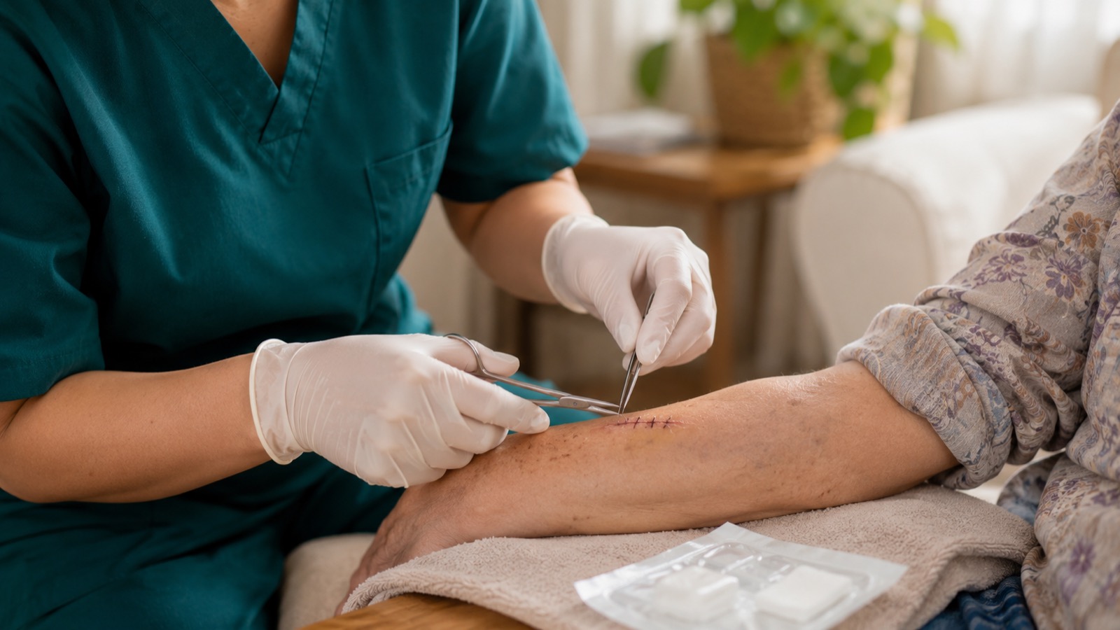 Gloved home nurse removing stitches from a healed wound on an elderly patient's forearm with forceps at home in Singapore